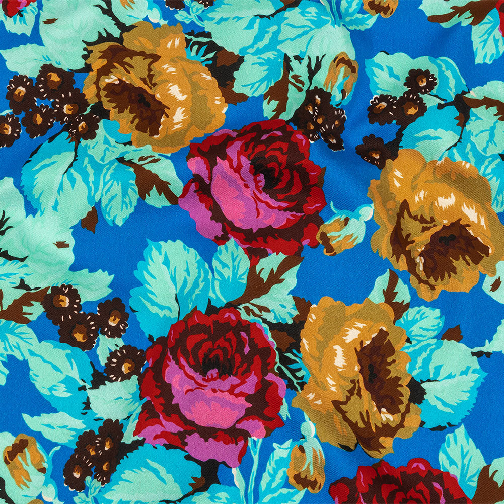 Balenciaga Italian Blue, Mustard and Red Roses Stretch Cotton Twill - Joann Fabrics