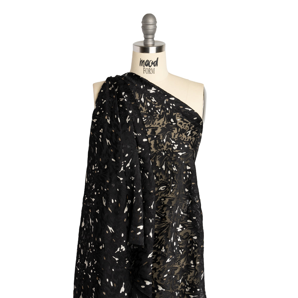Satin-Faced Burnout Jacquard with Gold Glitter - Black and White Abstract - Designer Deadstock - Joann Fabrics