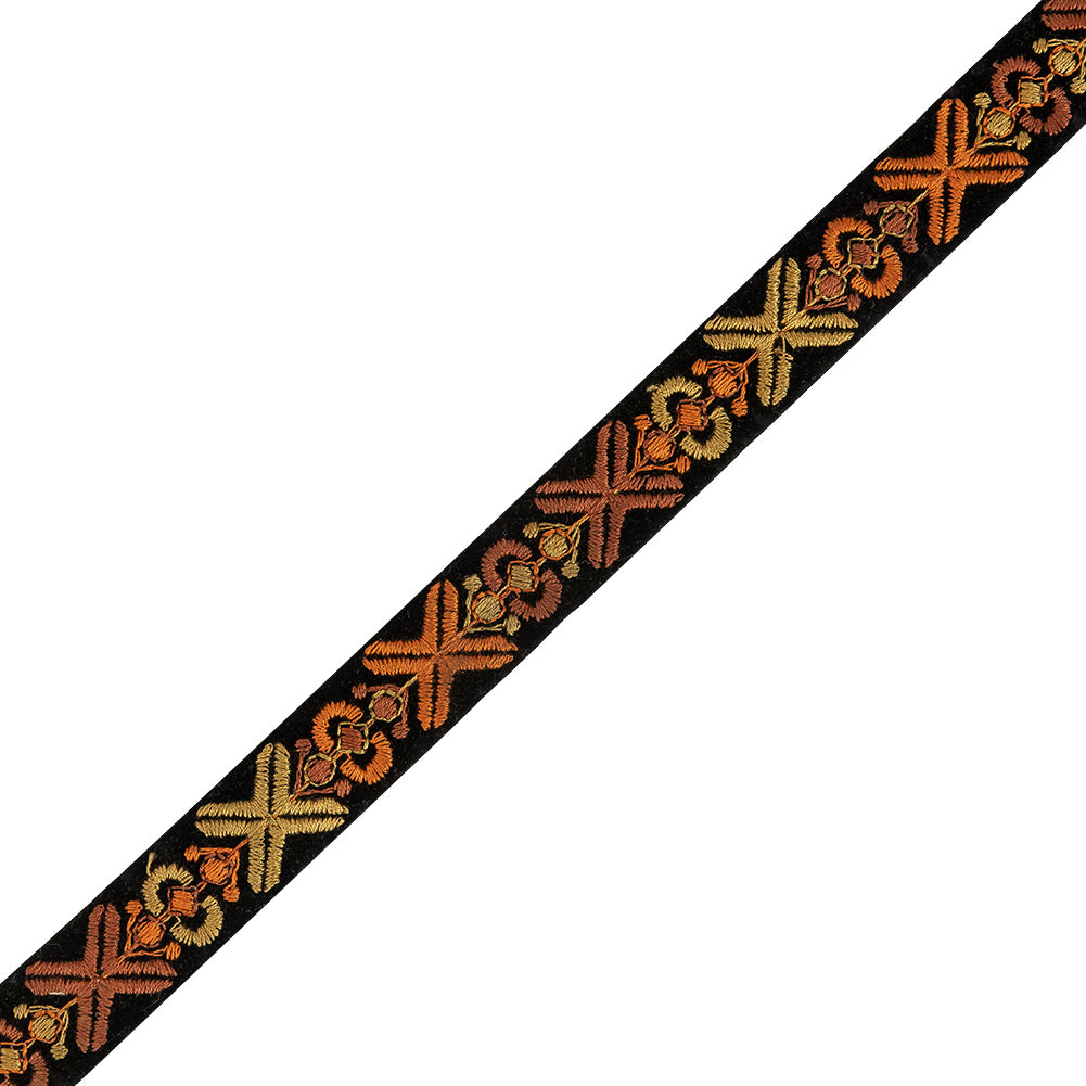 Ochre and Orange Embroidered Black Velvet Ribbon - 1.125