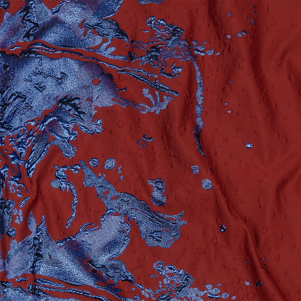 Metallic Diode Blue and Dark Red Spotted and Splattered Luxury Brocade - Joann Fabrics