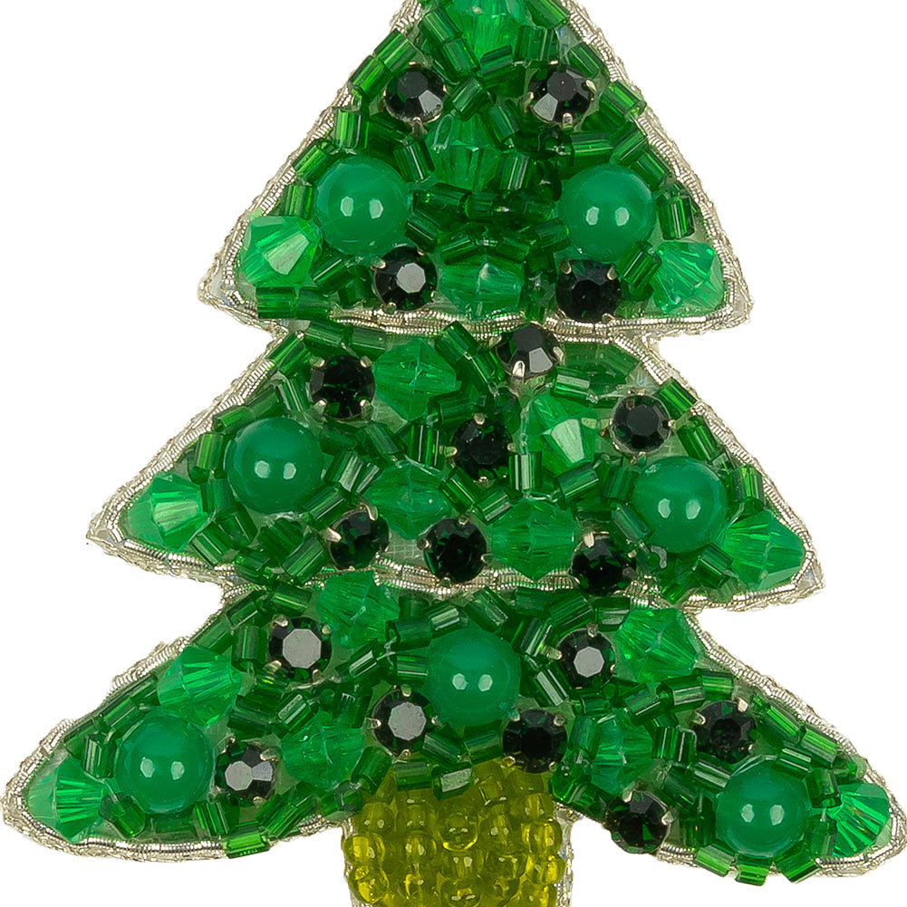Green and Silver Christmas Tree Rhinestones and Glass Beaded Applique - 2.5