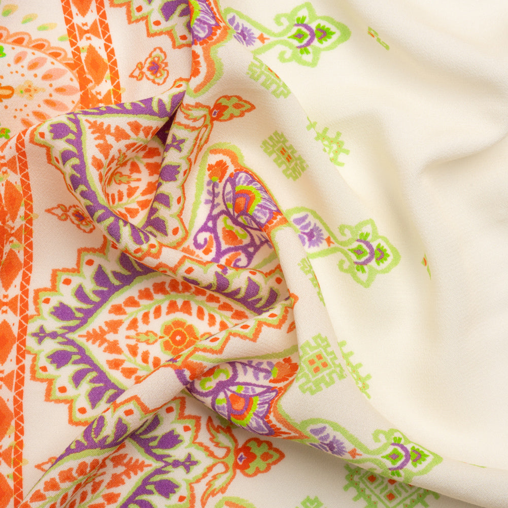 Viscose Crepe Panel - White, Orange and Purple Paisley Squares - Mood Exclusive Heavenly Day - Joann Fabrics