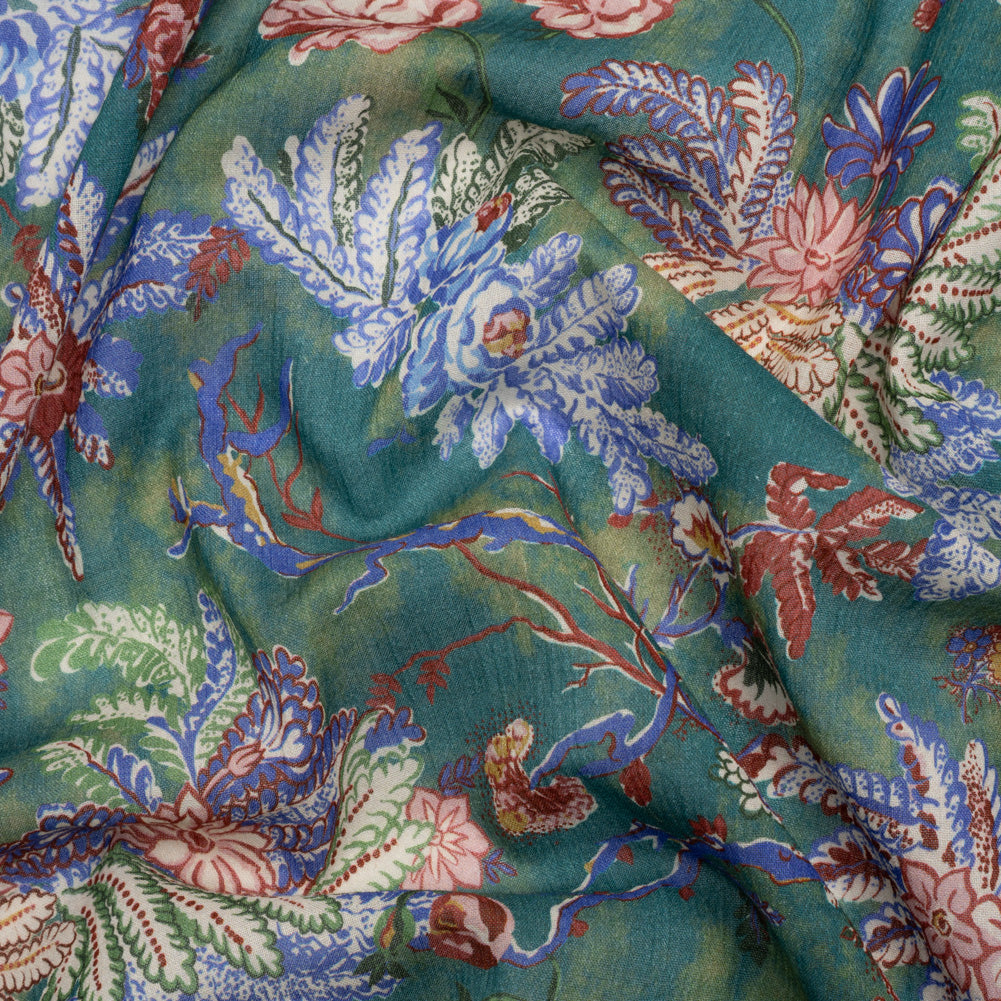 Crinkled Cotton Gauzy Woven Print - Forest Green, Red and Blue Floral - Mood Exclusive Derbyshire Stroll - Joann Fabrics