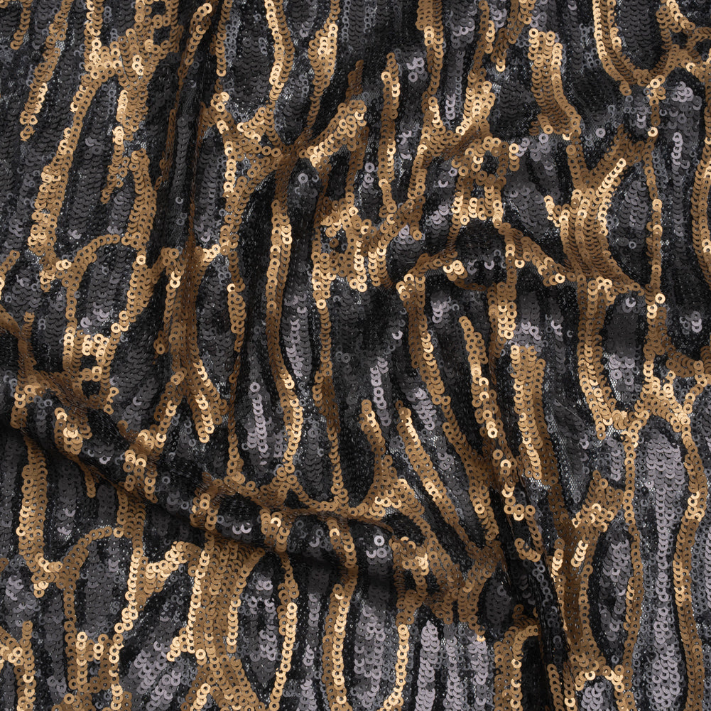 Sequins on Black Mesh - Gold and Black Abstract - Deadstock - Joann Fabrics