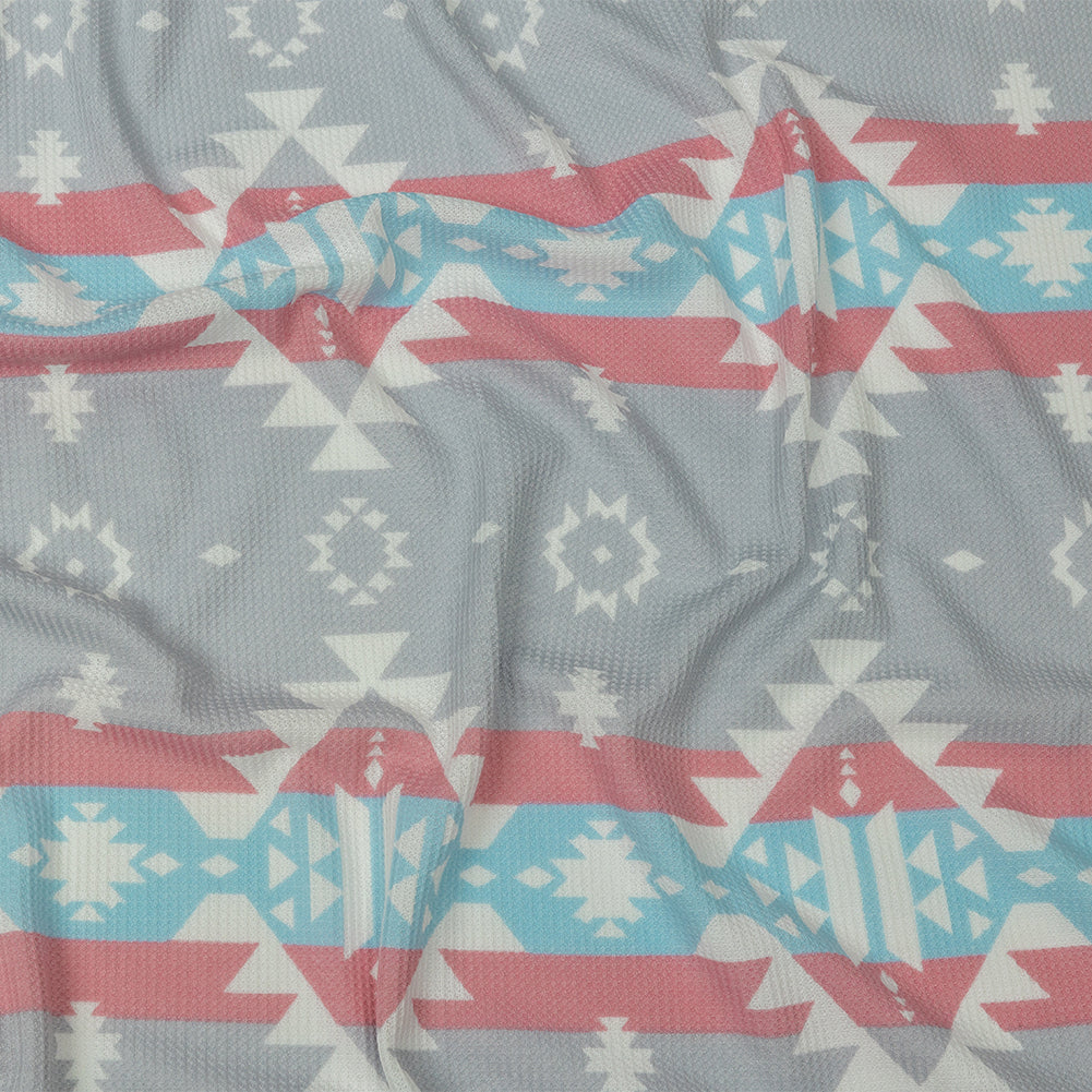 Pink, Sky Blue and Gray Geometric and Striped Polyester and Rayon Waffle Knit - Joann Fabrics