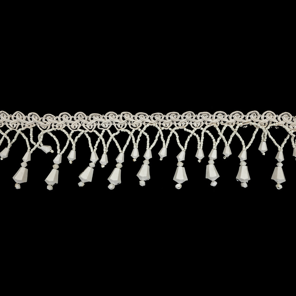 Vintage Chalk White Fancy Beaded Fringe on White Gimp Braid - 2.25