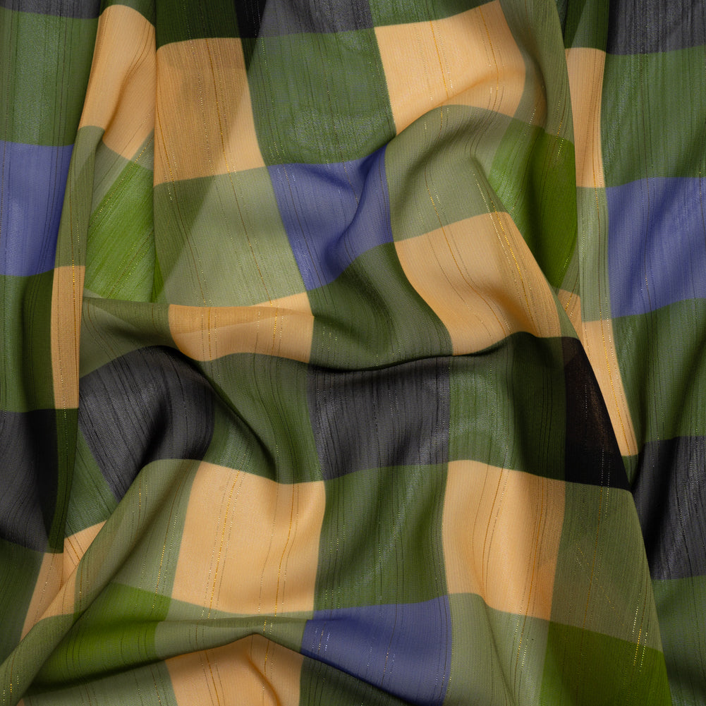 Polyester Chiffon Print with Metallic Pinstripes - Green, Blue and Yellow Plaid - Mood Exclusive Rooks and Bishops - Joann Fabrics