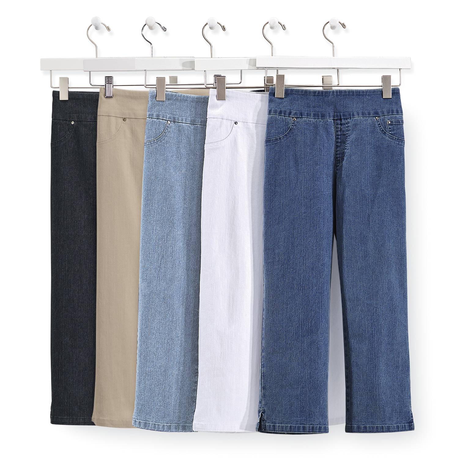 Stretch Denim Capri, Wide Waistband, Back Pockets, Slit Hems - Northstyle Catalog