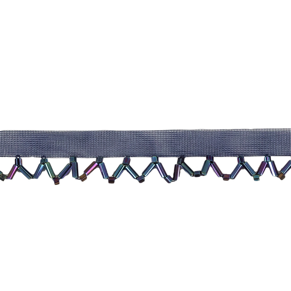 Vintage Navy and Blue Iris Beaded Scalloped Fringe Trim on Polyester Mesh - 0.5