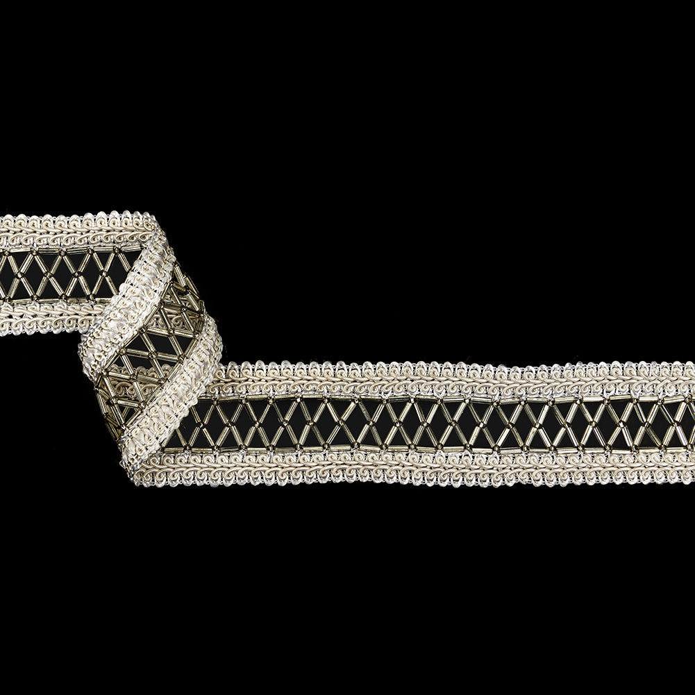 Vintage Off-White Cotton Blend Gimp Braided Trim with Beaded Center - 1.5