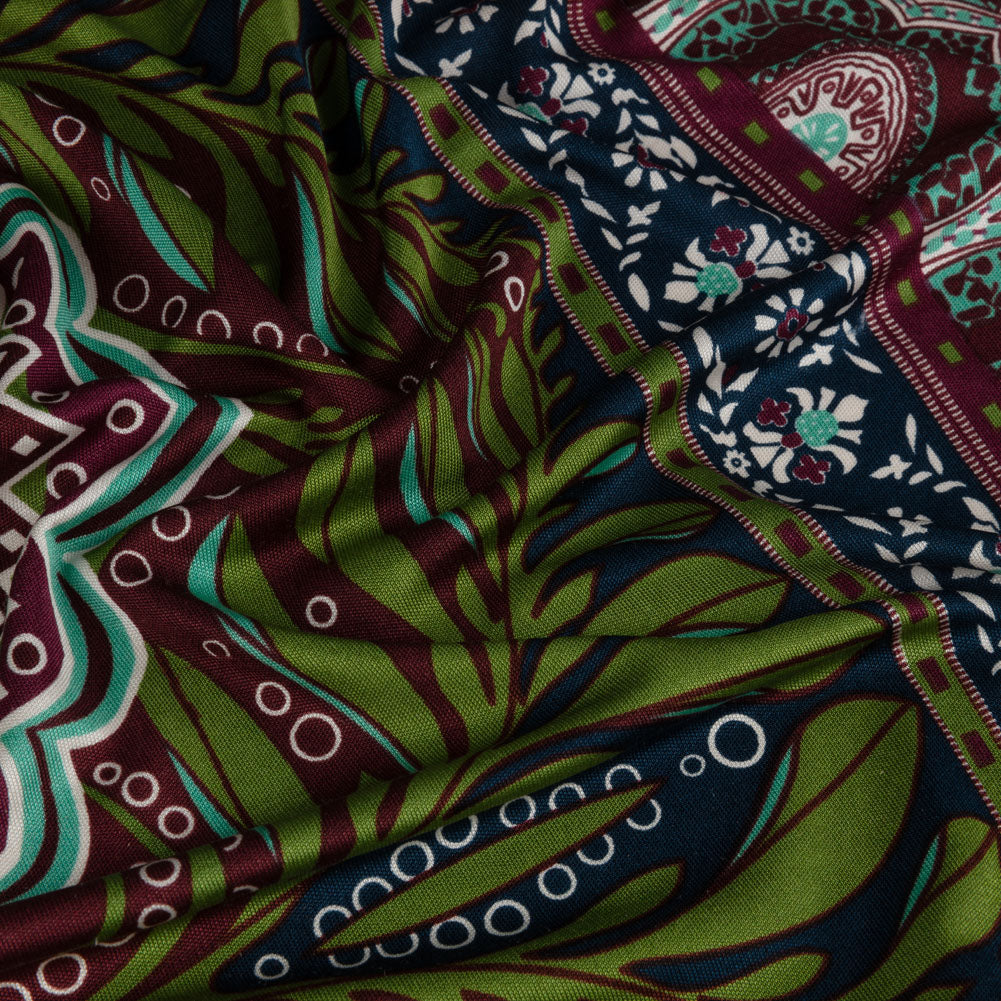 Burgundy, Green and Navy Palm Leaf Mandalas and Classical Stripe Border Silk Jersey - Joann Fabrics
