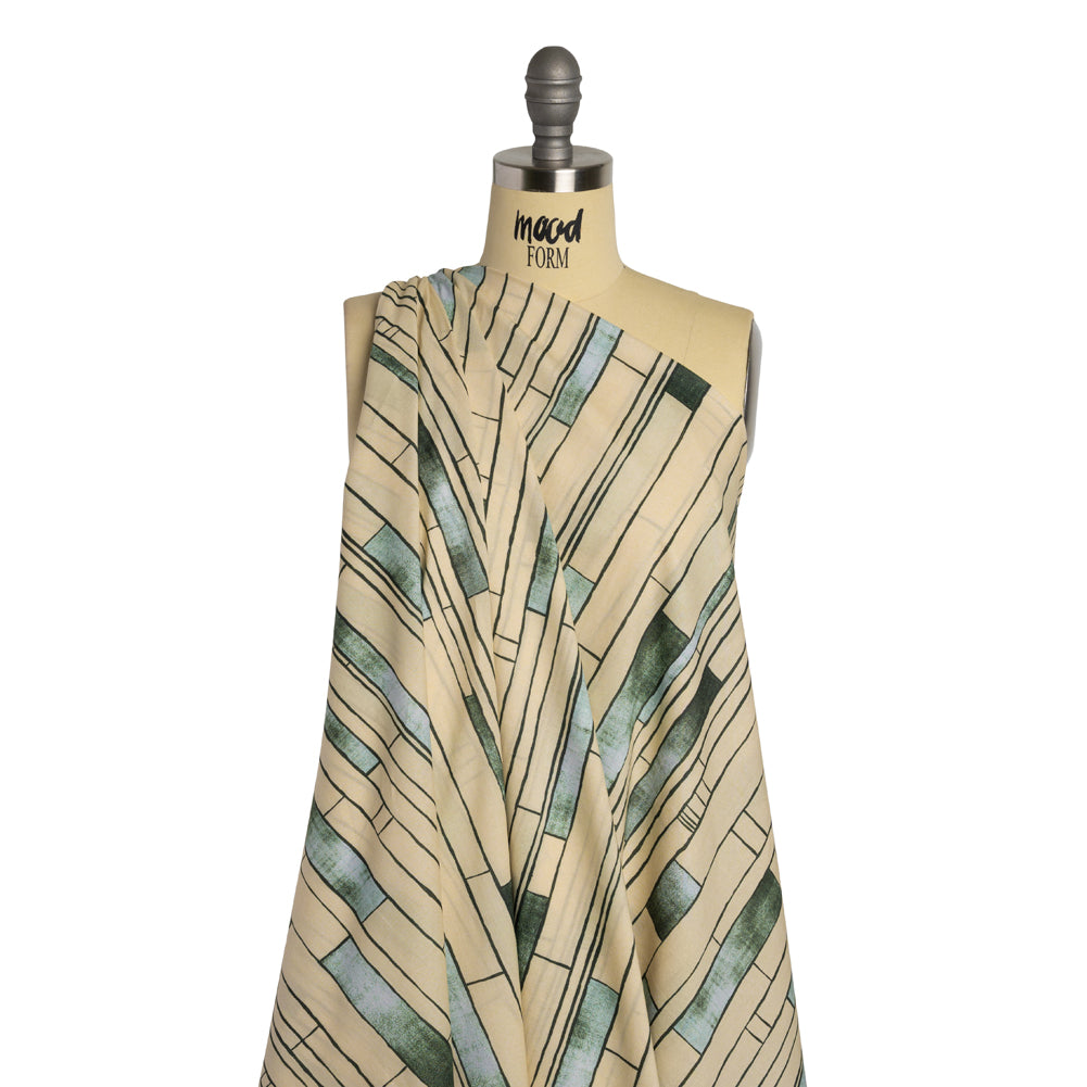 Cotton Voile - Green and Cream Geometric Blocks - Cliffside Climb Print - Mood Exclusive Acadia Collection - Joann Fabrics