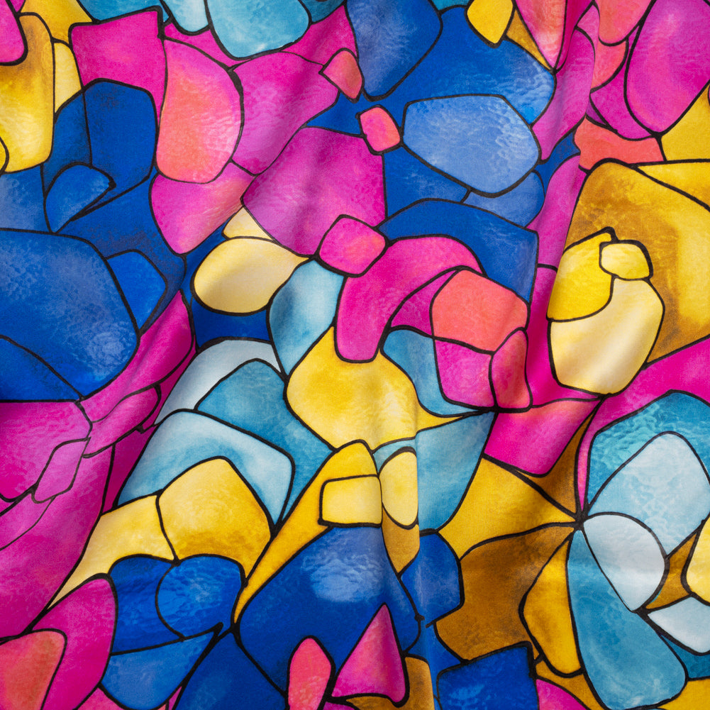Silk Charmeuse Print 16MM, Made in Italy - Bright Pink, Golden Yellow and Blue Stained Glass Roses - Joann Fabrics