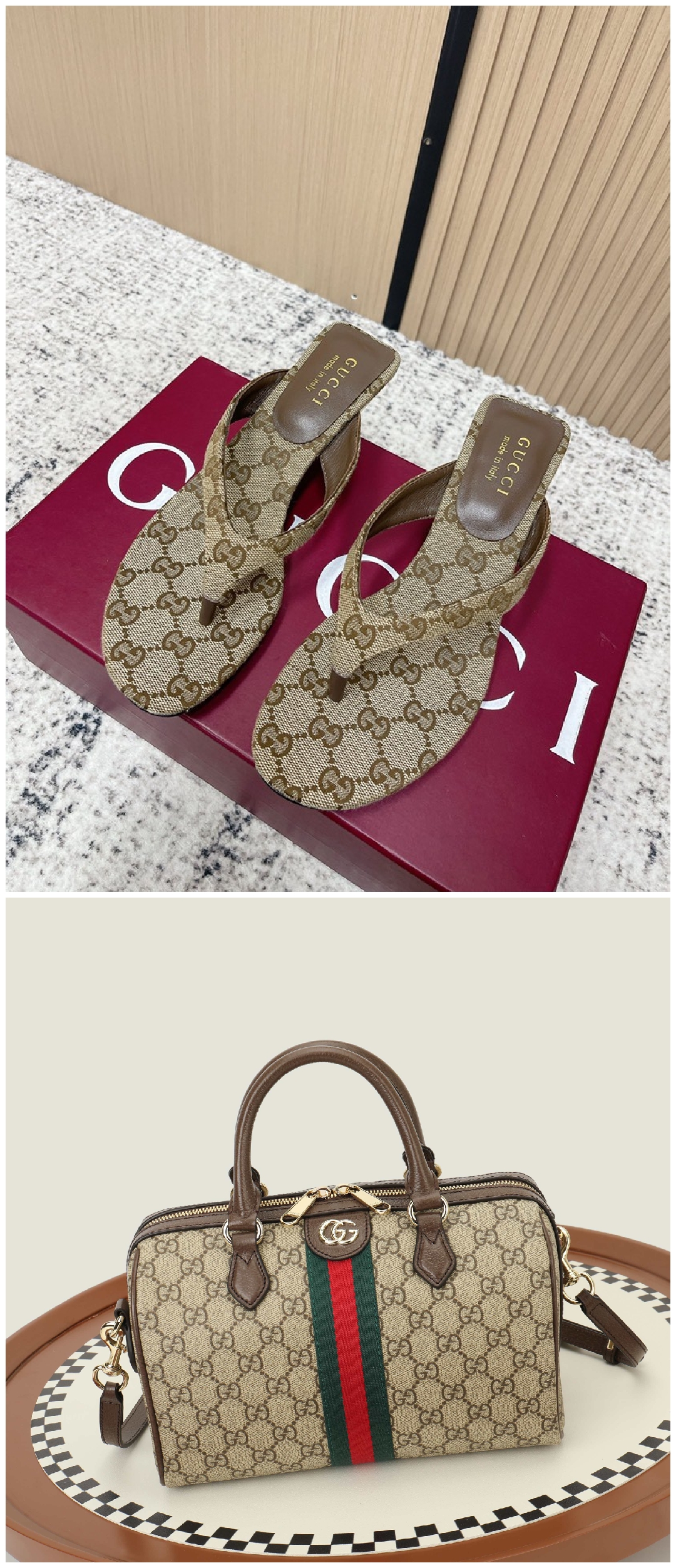 Classic GG Monogram Thong High Heel Mules, Web Stripe Boston Handbag, Women Coordinated Shoe And Bag Outfit Set
