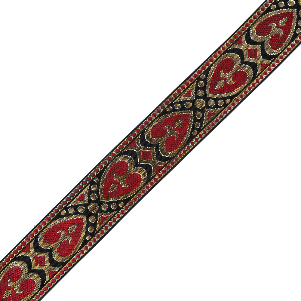 Metallic Gold and Red Hearts Jacquard Ribbon - 1.5