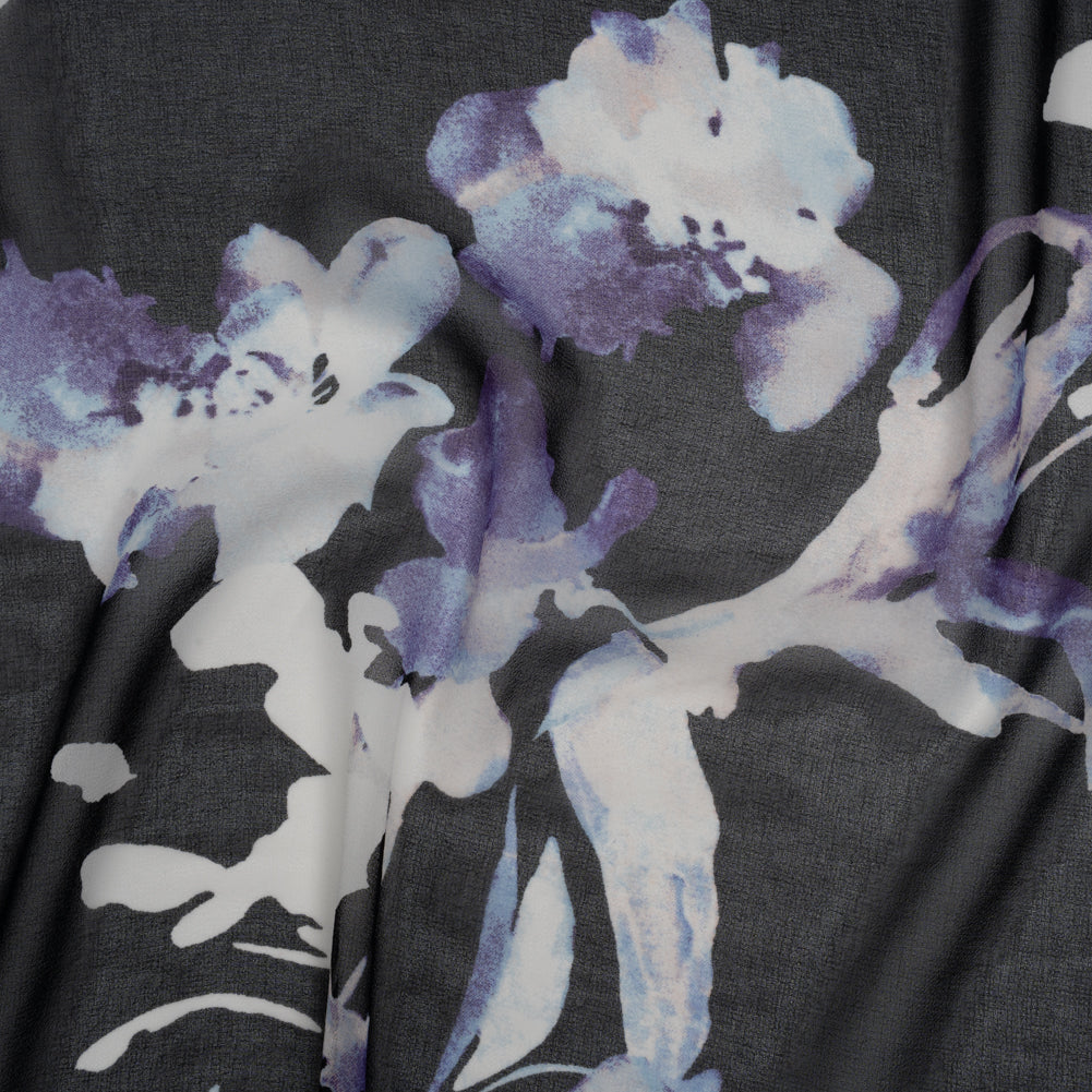 Polyester Chiffon Print - Black, White and Purple Watercolor Flowers - Designer Deadstock - Joann Fabrics