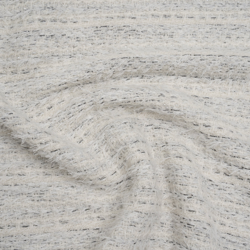 Metallic Wool Blend Tweed with Eyelash Fringe Made in Italy - White, Charcoal and Silver Stripes - Joann Fabrics