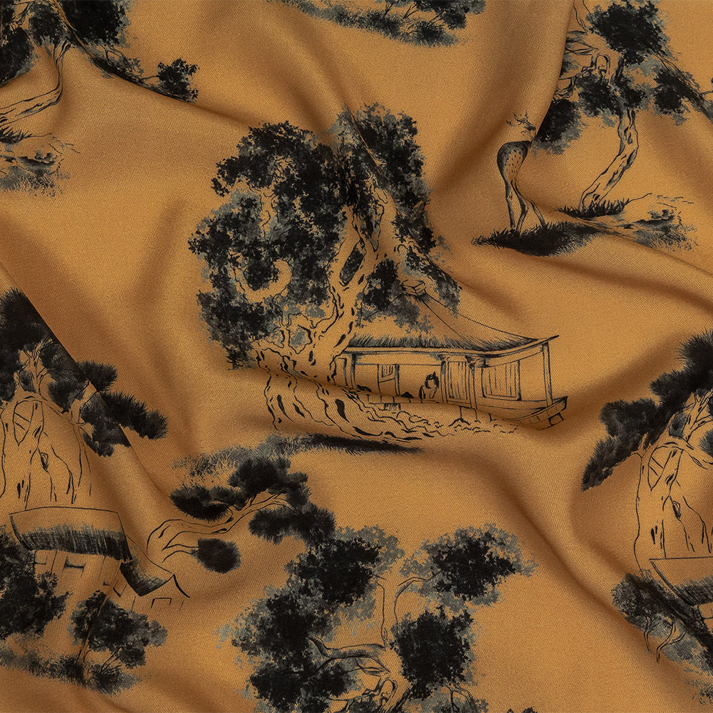 Viscose Twill Print - Tan and Black Trees and Houses - Mood Exclusive Among the Kii Mountains - Joann Fabrics