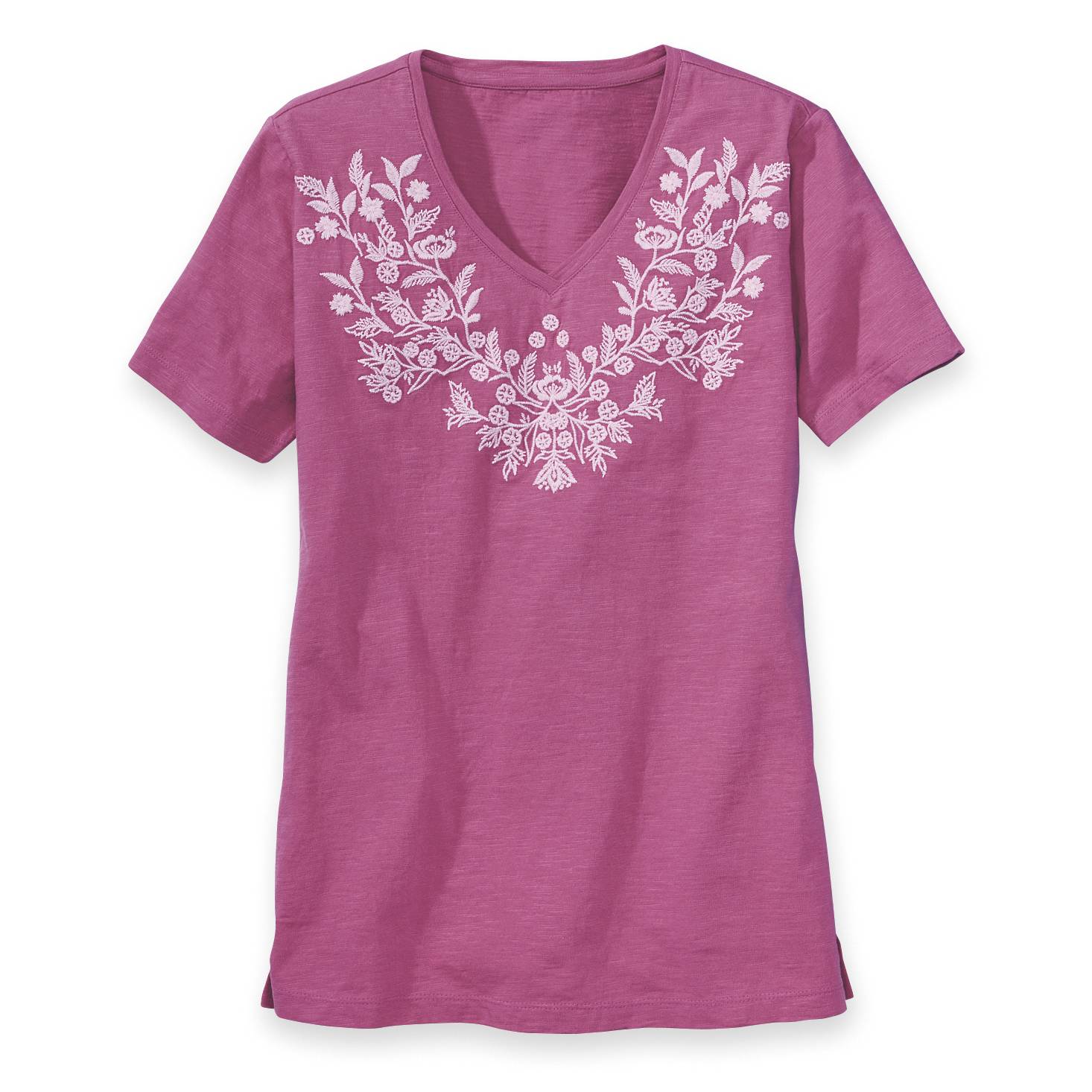 Vintage-Wash Embroidered Cotton V-Neck Top, Side Slits - Northstyle Catalog