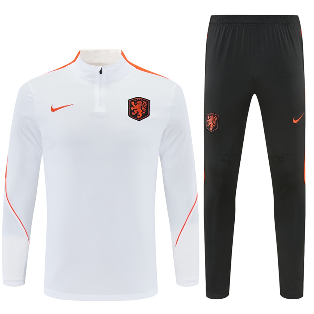 Netherlands 2026 Kids Long Sleeves Training Set - White With Orange Accents Top & Black Pants - UnitedFutballJersey