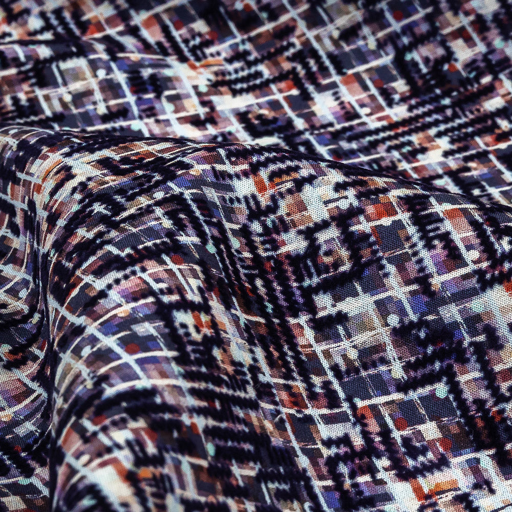 Evening Blue Geometric Flocking on Crushed Berry, Steel and White Abstract Printed Cotton Shirting - Joann Fabrics