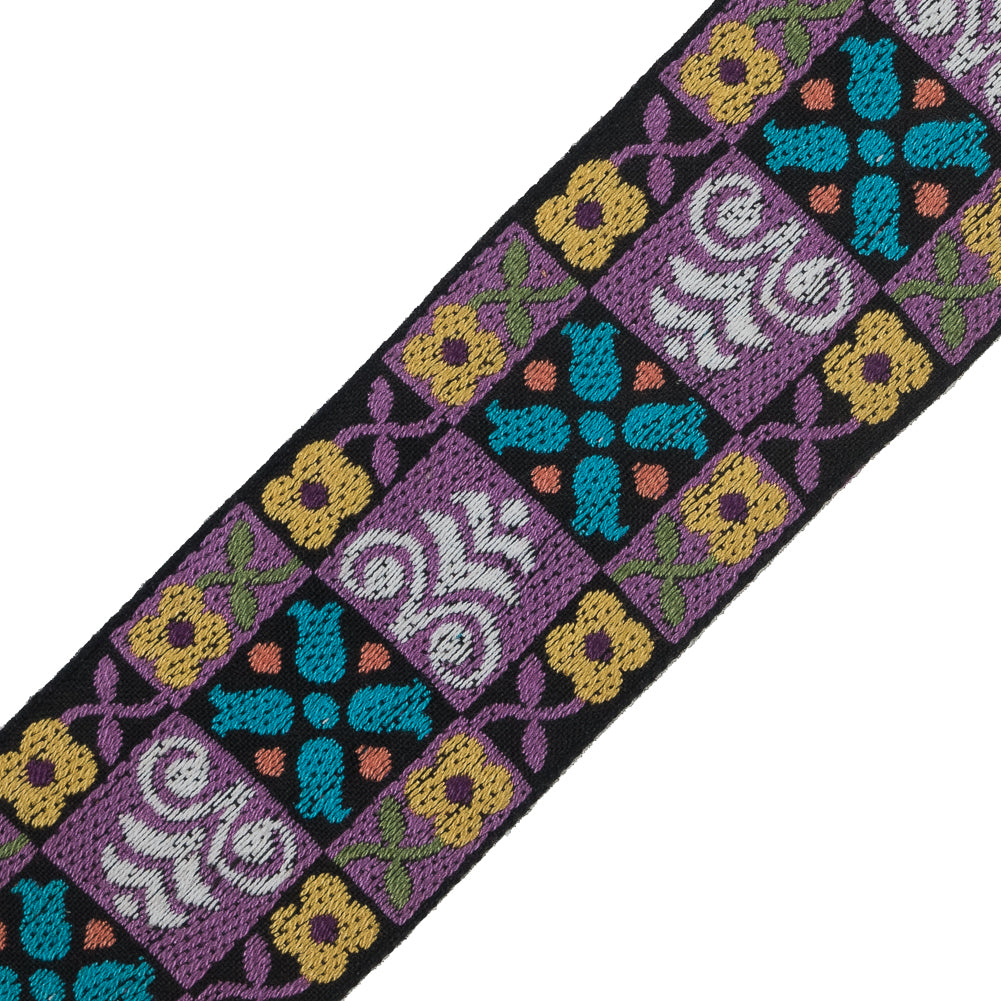 Black, Purple and Yellow Floral Geometric Jacquard Ribbon - 2