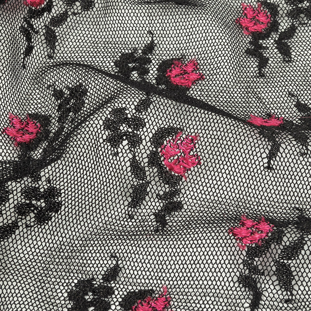 Black Stretch Mesh with Pink Embroidered Roses - Joann Fabrics