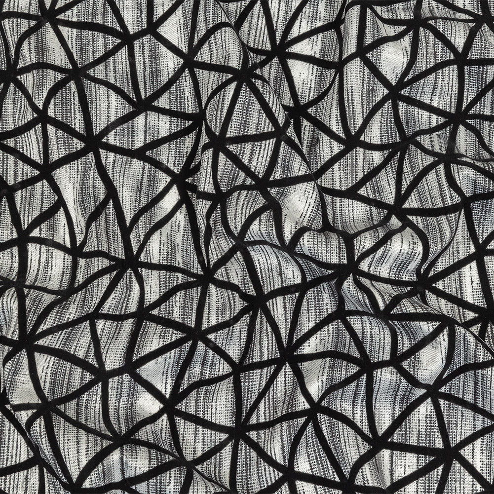 Black Flocked Geometric Web on Gray and White Distressed Stripes Stretch Cotton Twill - Joann Fabrics