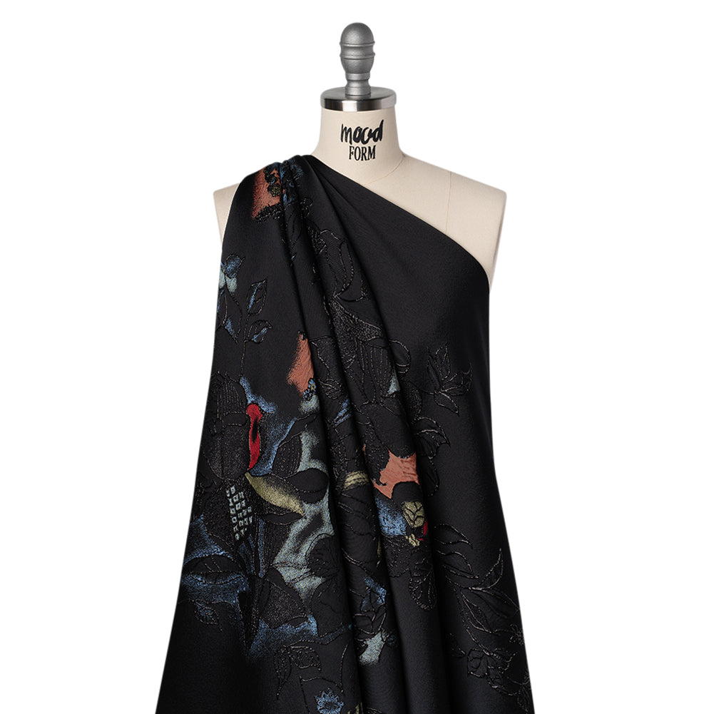 Metallic Rayon and Polyester Brocade Panel - Black, Orange and Blue Flower Bunches - Joann Fabrics