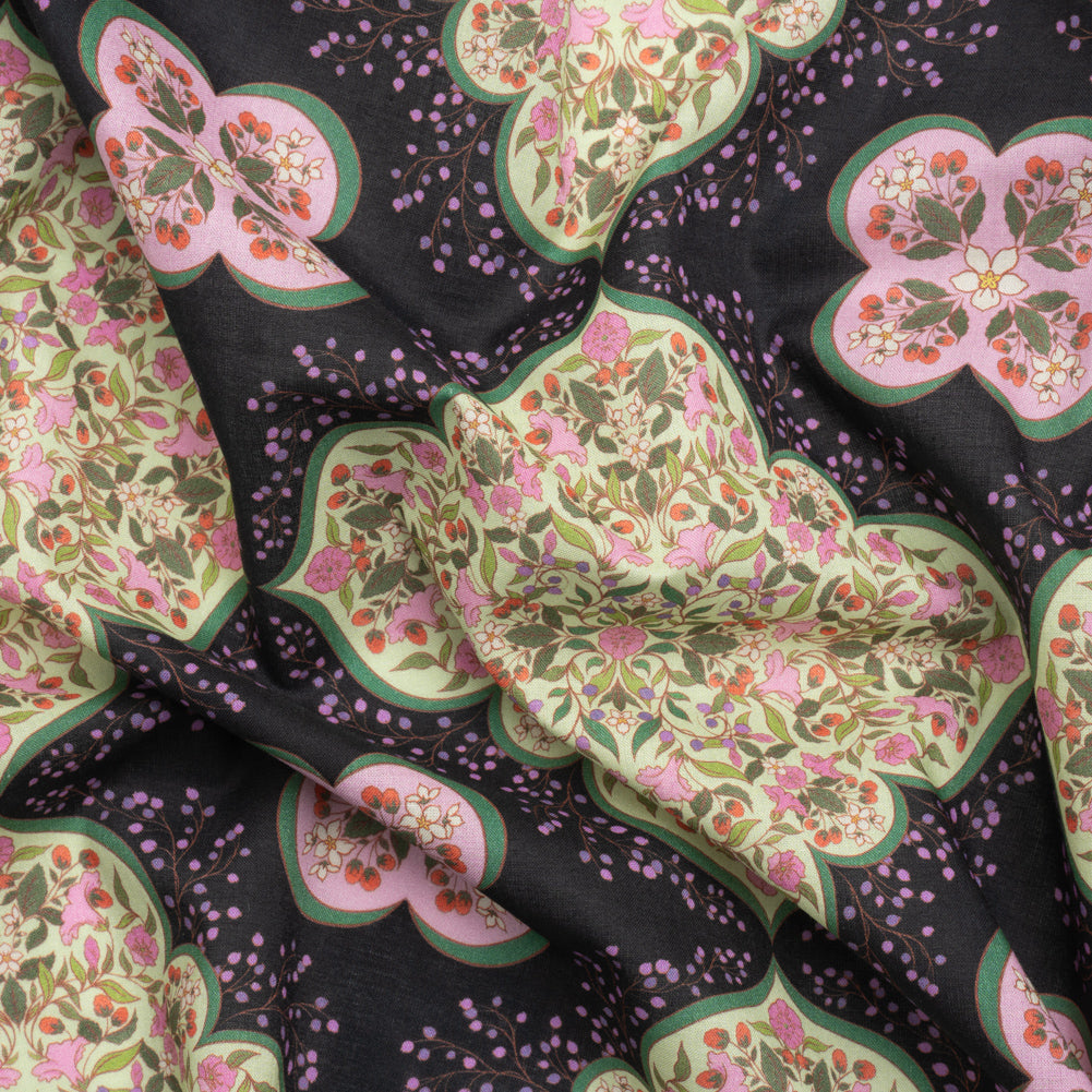 Cotton Voile Print - Black, Pink and Green Floral Tiles - Mood Exclusive Rosalind and Celia - Joann Fabrics