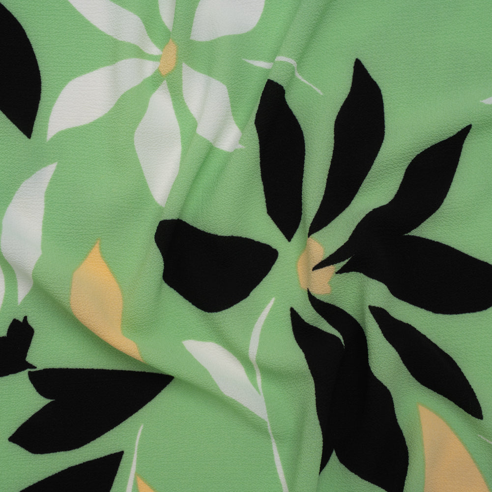 Puckered Stretch Polyester Crepe Print - Summer Green, Black and Beige Simple Flowers - Designer Deadstock - Joann Fabrics