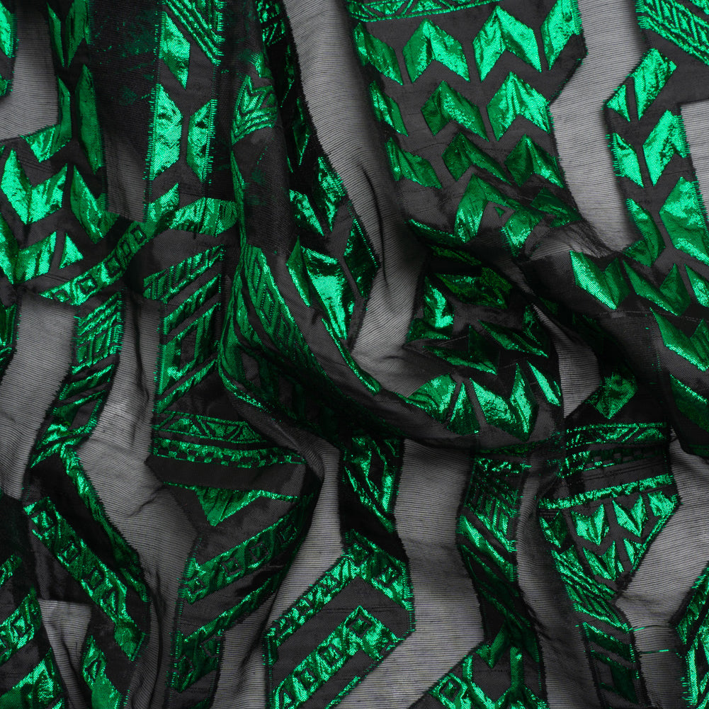 Metallic Kelly Green and Black Geometric Pathways Luxury Burnout Brocade - Joann Fabrics