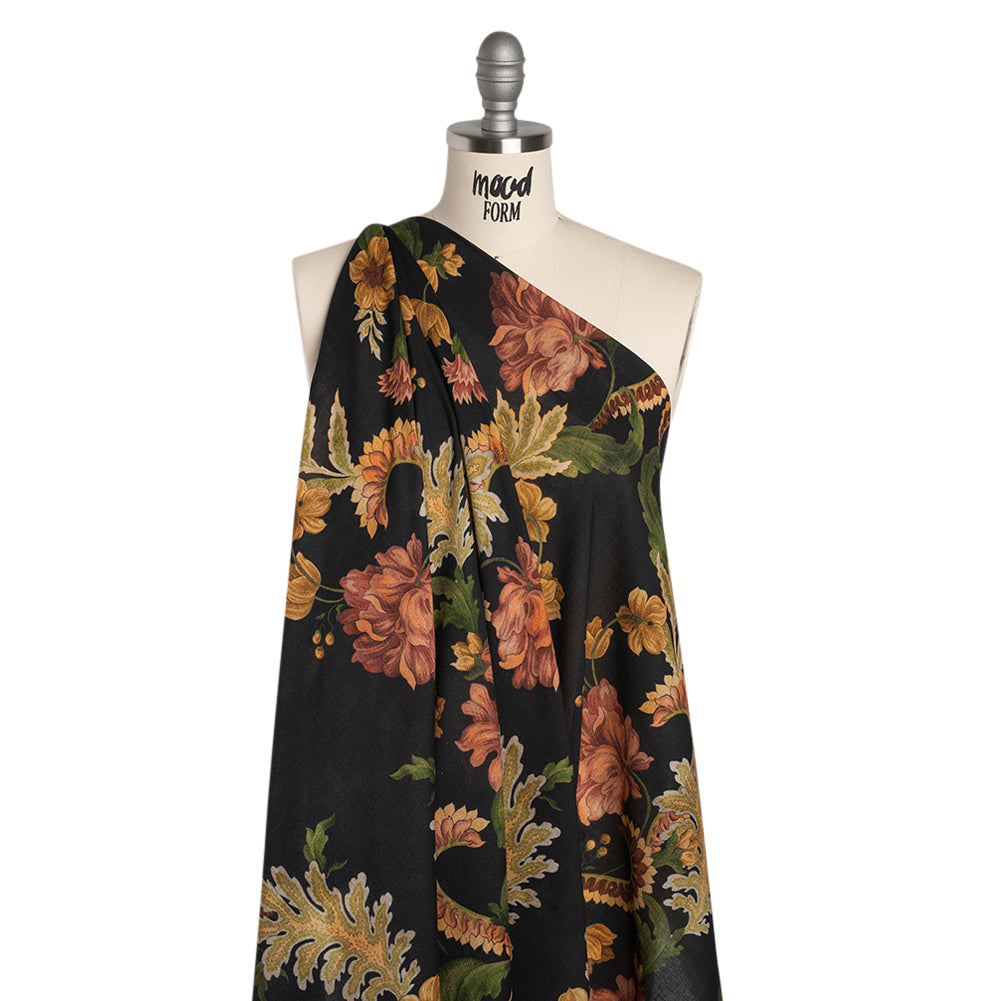 Cotton Crepe - Black, Dark Red and Golden Ochre Moody Florals - Mood Exclusive Rose Renaissance Print - Joann Fabrics