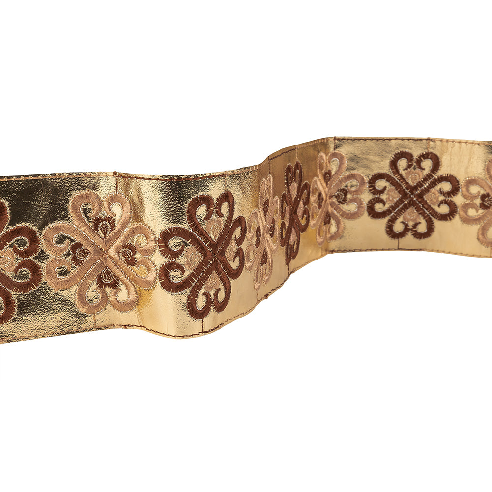 Vintage English Beige and Brown Embroidered Gold Metallic Vinyl Ribbon - 2.75