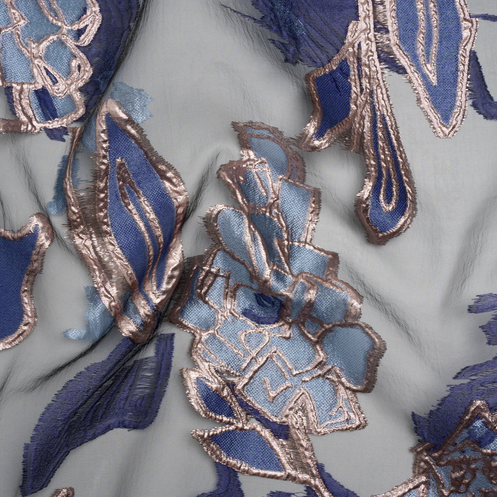 Metallic Burnout Brocade - Sky Blue, Navy and Rose Gold Roses and Hyacinths - Joann Fabrics