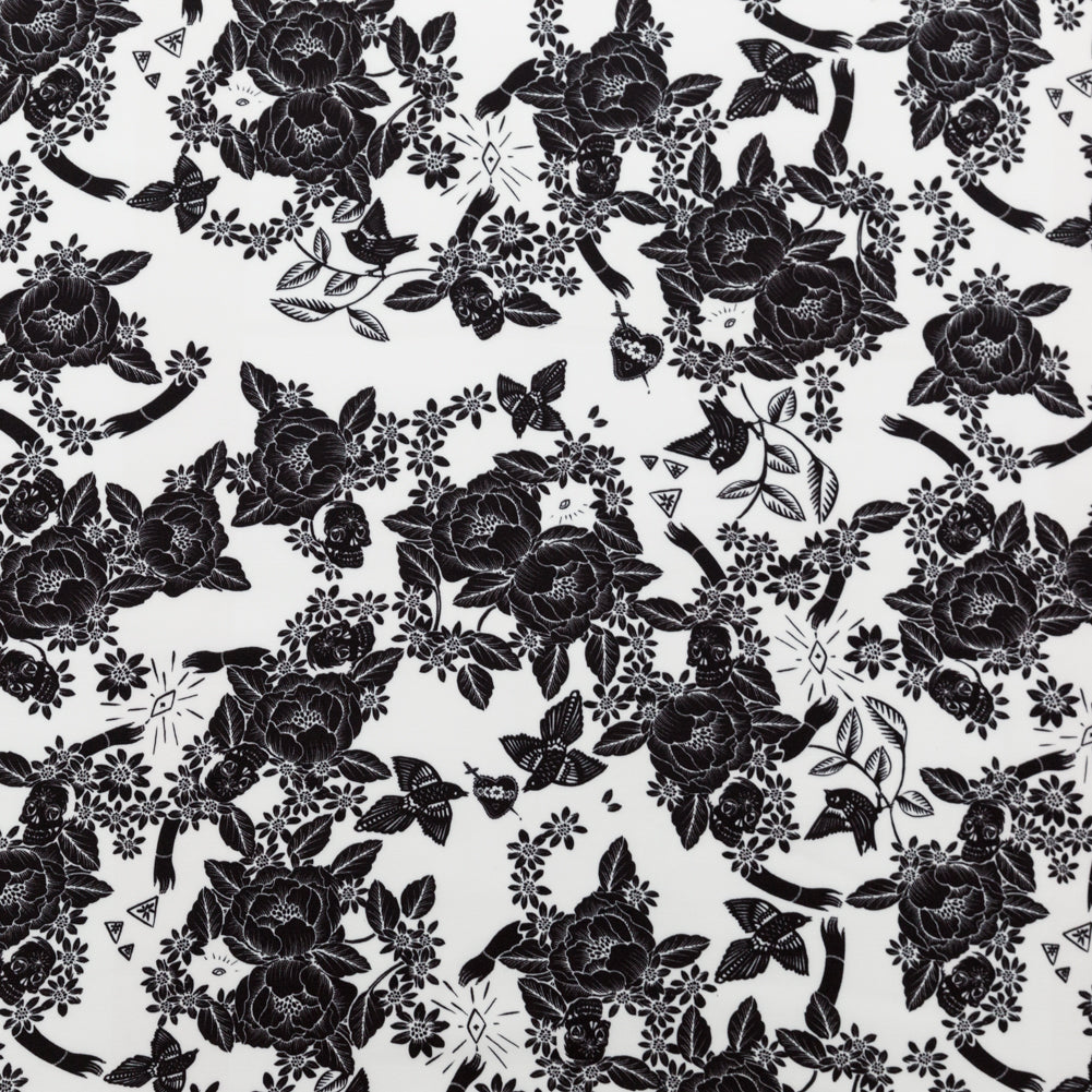 Stretch Polyester Crepe - White and Black Roses - Prophetic Dreams Print - Mood Exclusive Crow Collection - Joann Fabrics