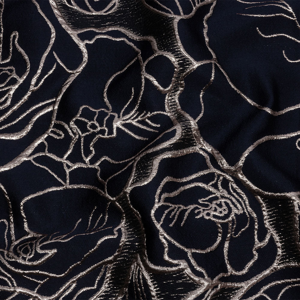 Metallic Rose Gold and Navy Outlined Florals Luxury Brocade - Joann Fabrics