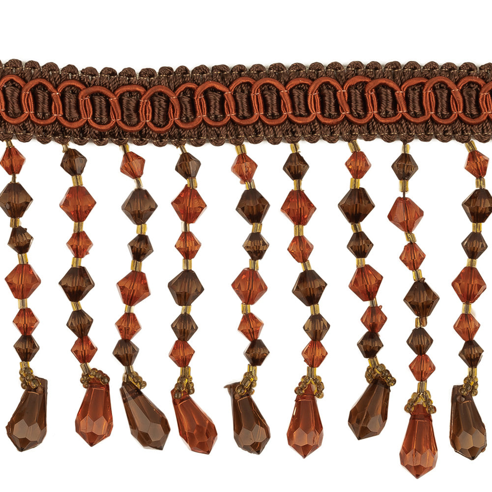 Orange, Amber and Brown Circles Braided Trim with Beaded Fringe - 3.25