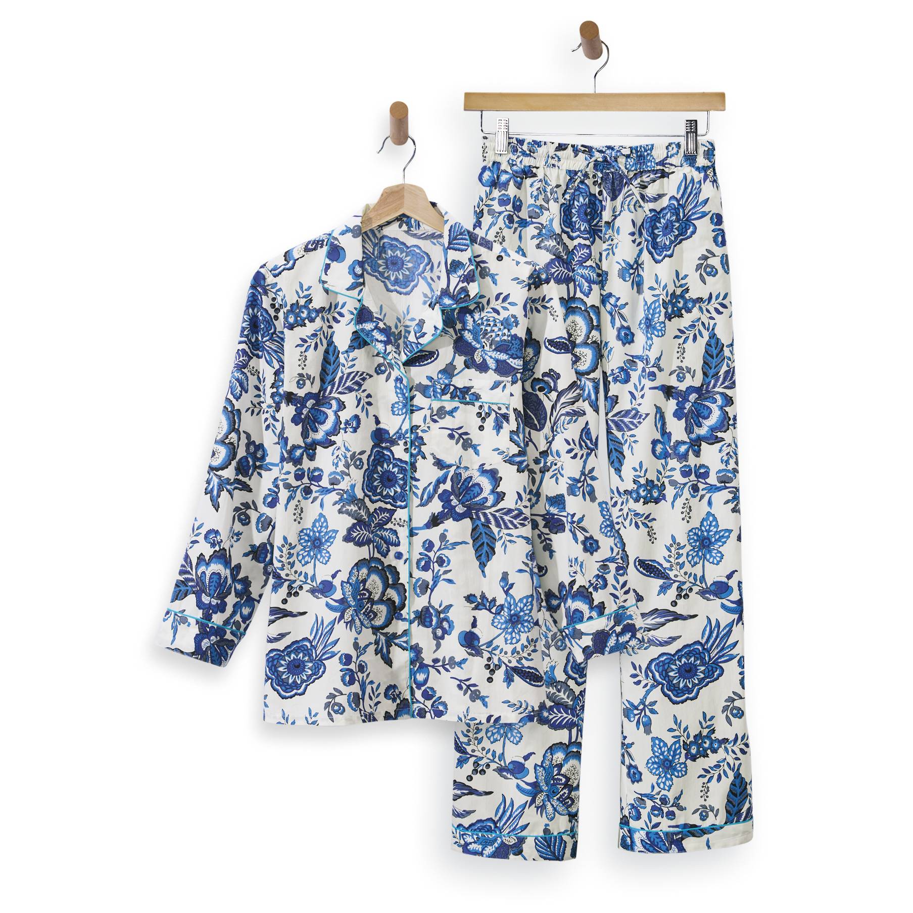 Folkloric Floral Cotton Pajamas, Button Front, Piping Trim - Northstyle Catalog