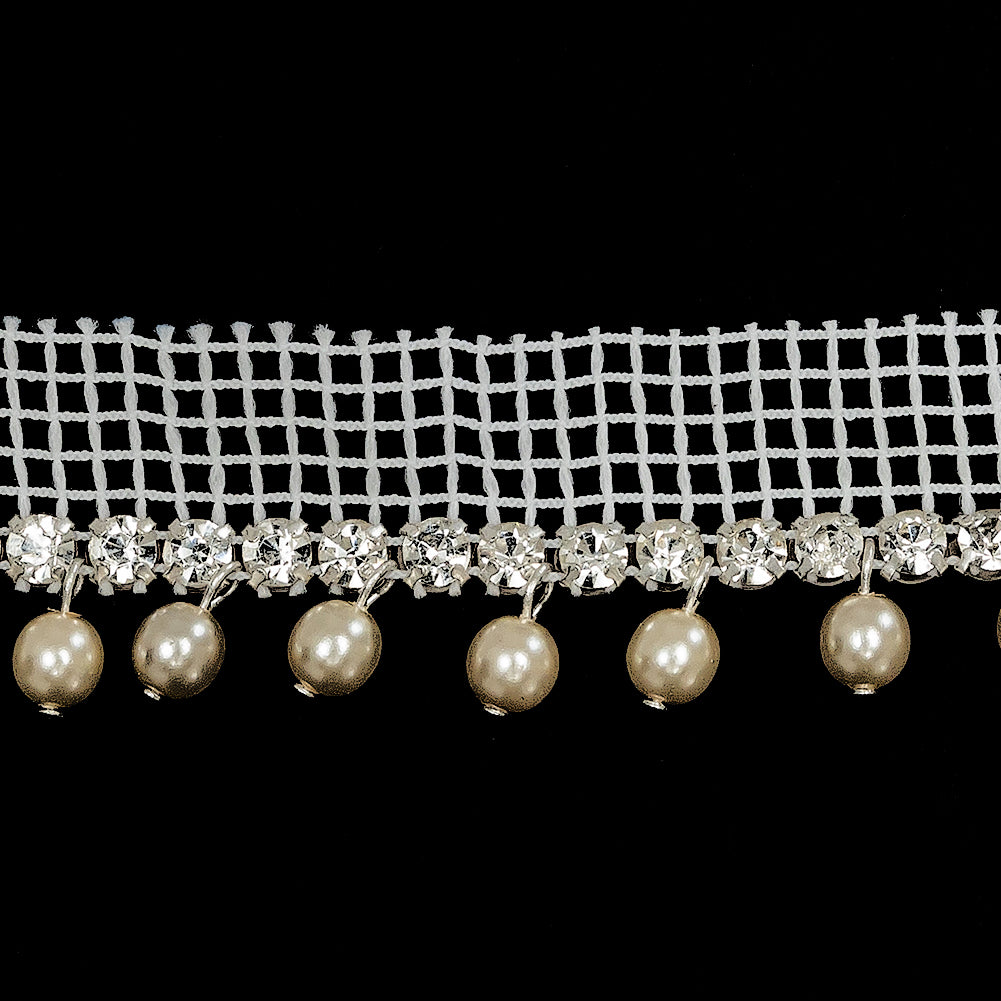 Vintage Crystal and Silver 1 Row Circular Rhinestone Trimming on White Mesh with Faux Pearl Fringe - 1