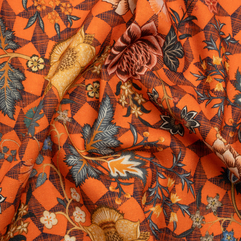 Linen and Rayon Woven Print - Orange and Blue Diamonds and Flowers - Mood Exclusive Rattan Roses - Joann Fabrics