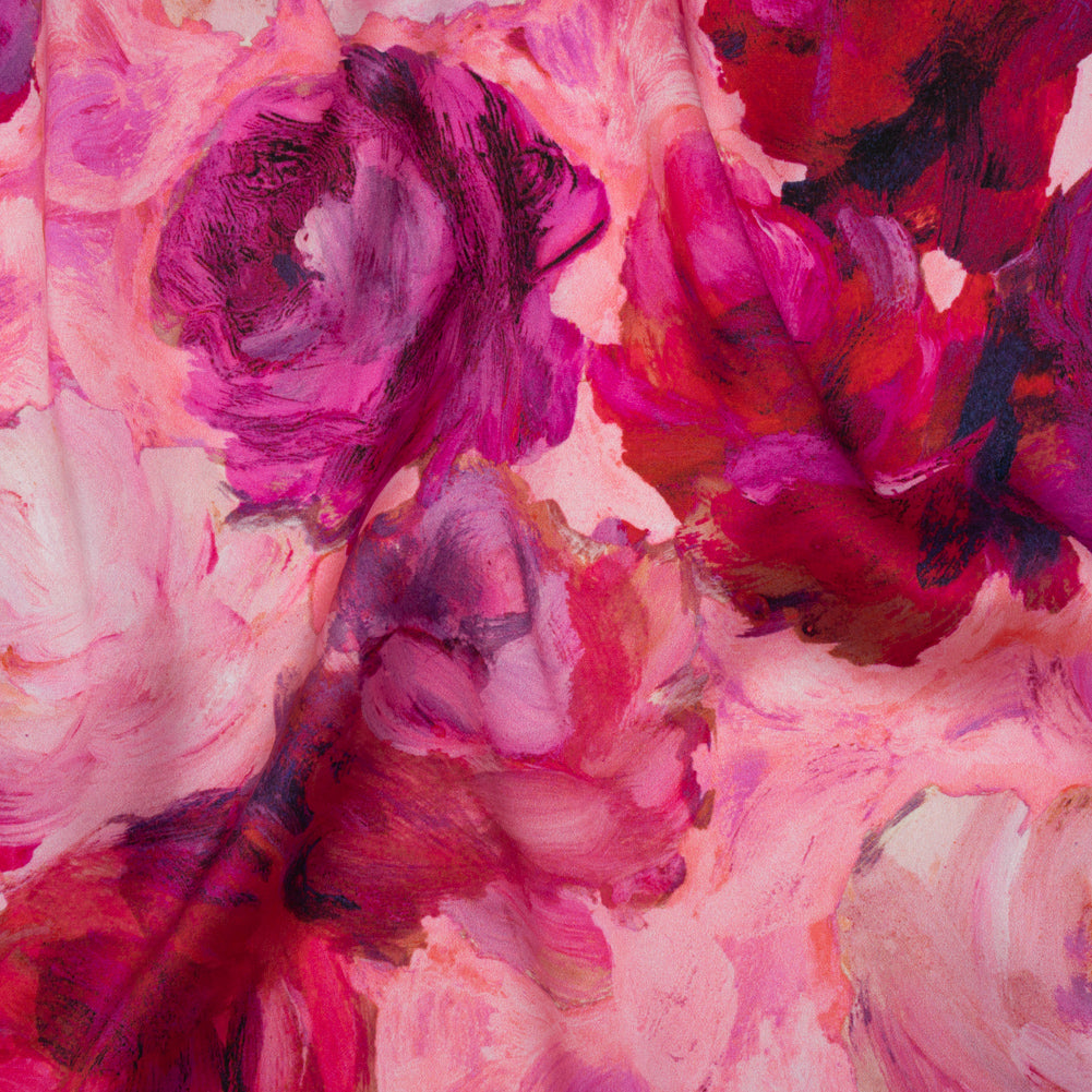 Silk Charmeuse Print 16MM, Made in Italy - Pink, Red and Fuchsia Painted Roses - Joann Fabrics