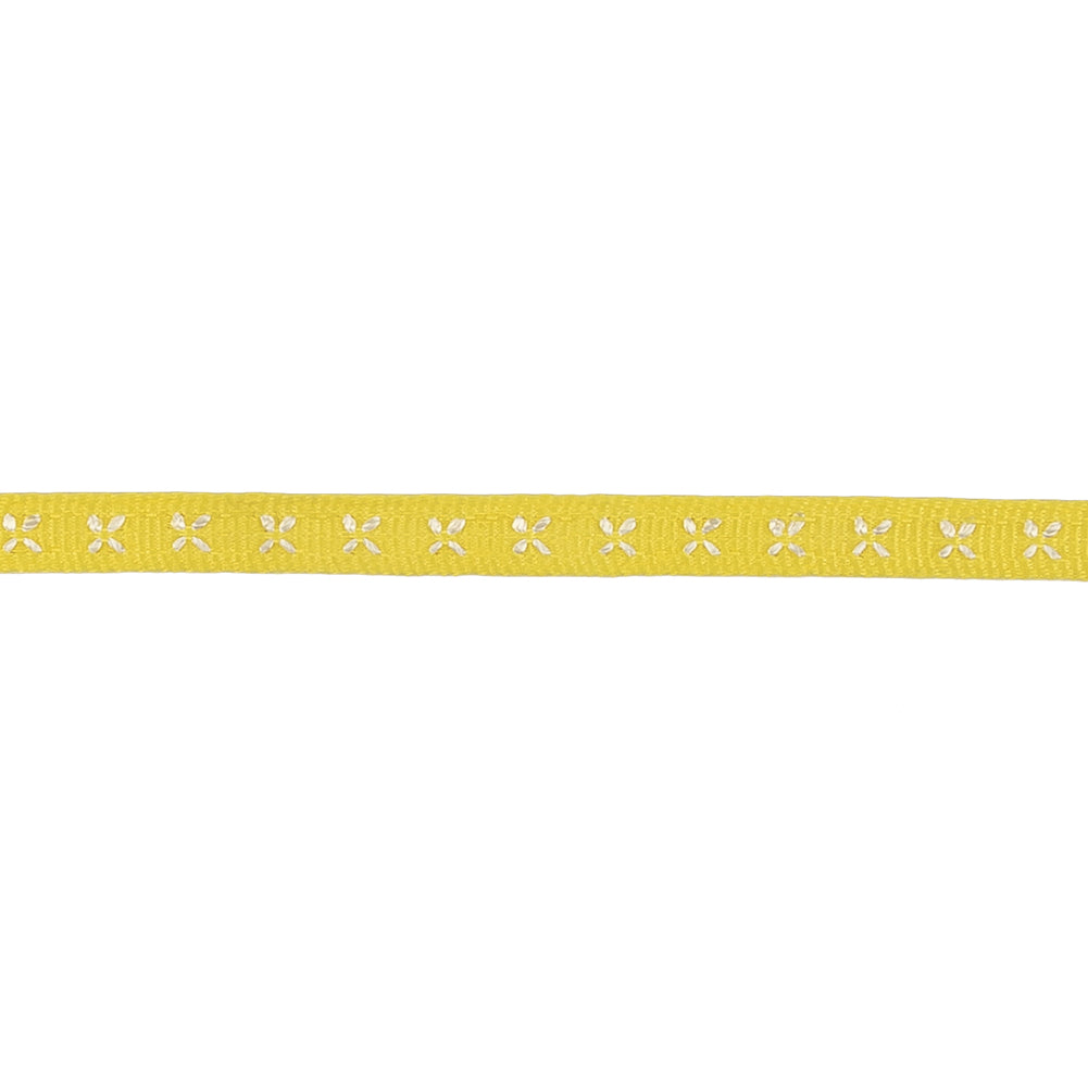 Sunshine Yellow Grosgrain Ribbon with Blanc de Blanc Stitched Flowers - 0.25