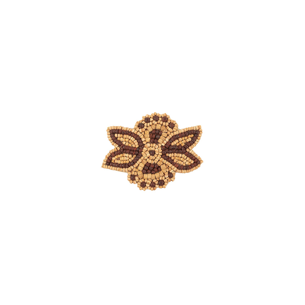 Vintage Brown and Natural Wood Beaded Abstracted Floral Applique - 2.75