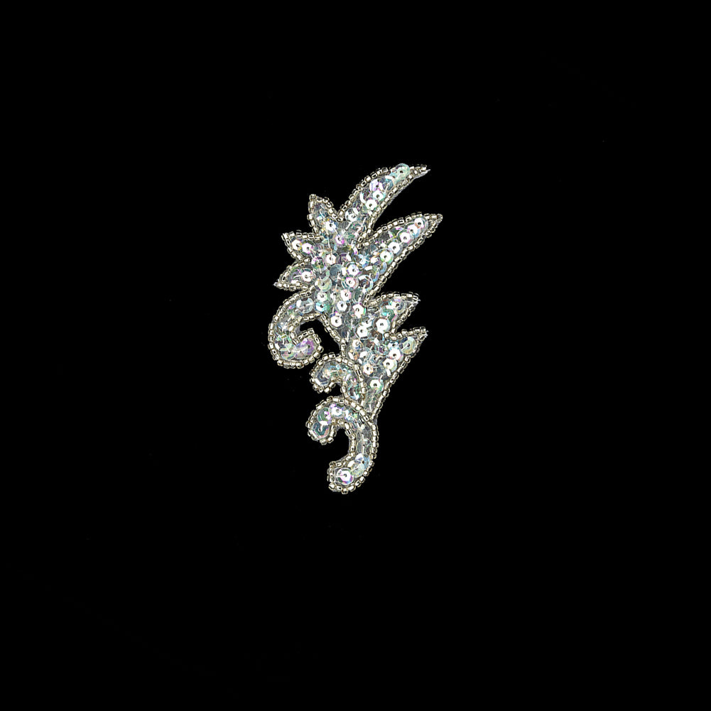 Vintage Crystal Iris Sequins and Silver-lined Seed Beaded Leaf Applique - 3.75