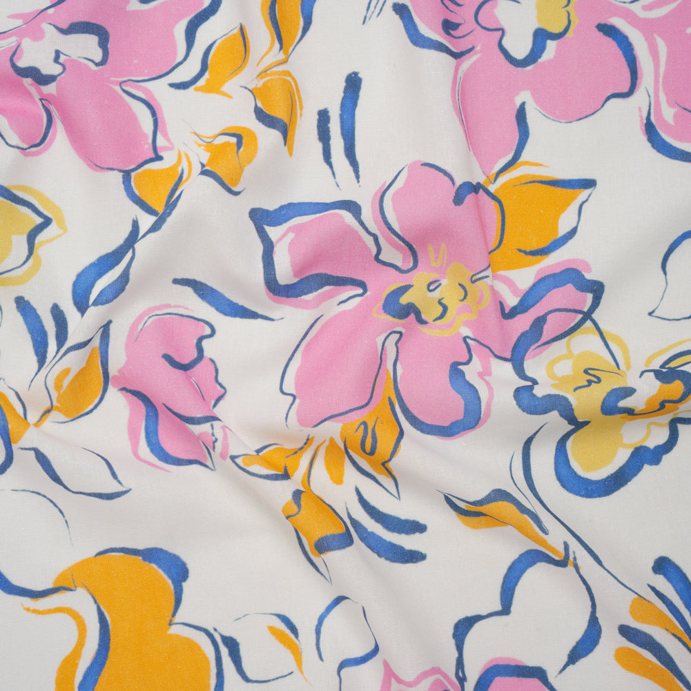 Linen and Rayon Woven - Baby Pink, Light Blue and Creamsicle Ink Brush Flowers - Mood Exclusive Pastel Botanica Print - Joann Fabrics