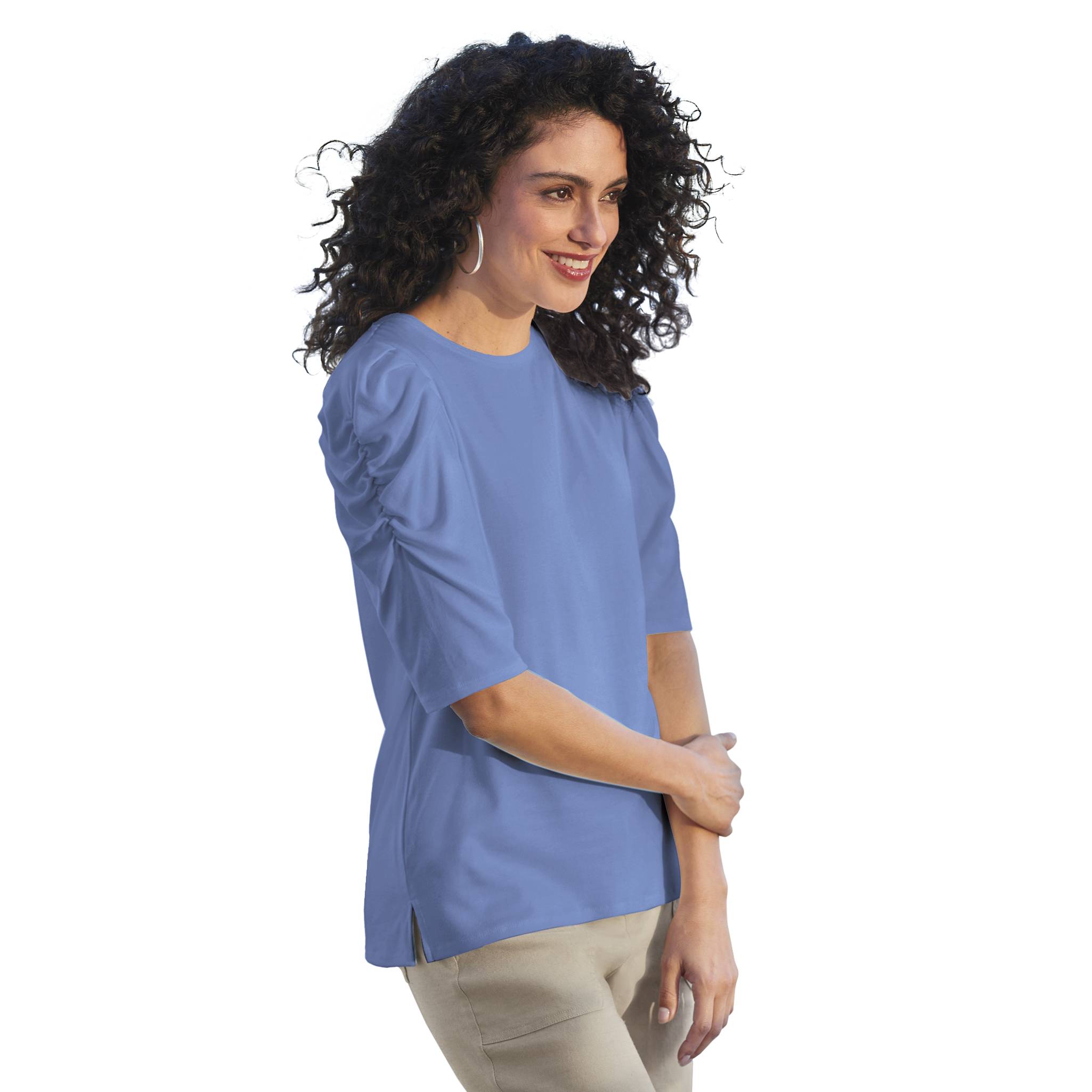 Ruched-Sleeve Ribknit Top, Elbow-Length Sleeves, Side Slits - Northstyle Catalog