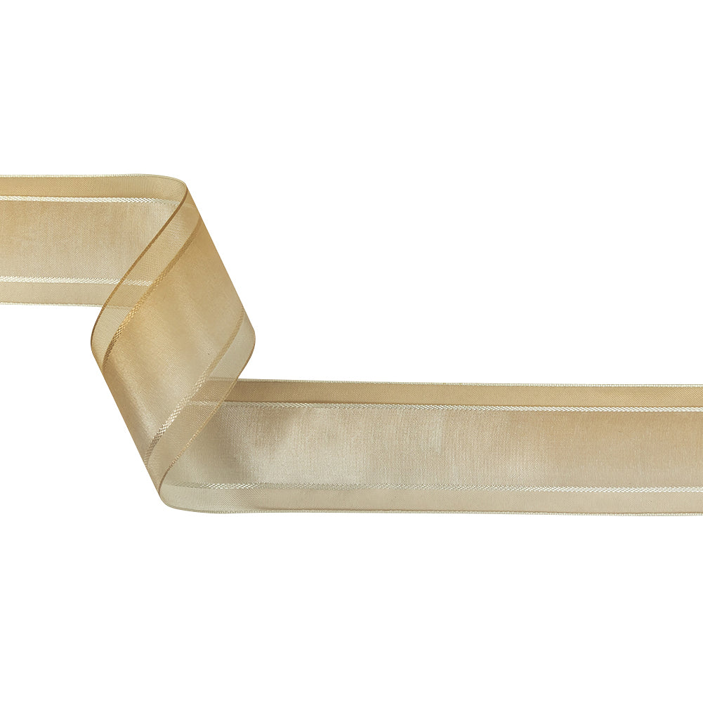 Beige and White Ombre Woven Ribbon with Sheer Organza Borders - 1.5