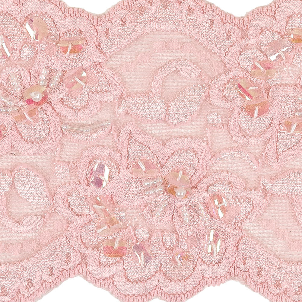 Pink Floral Beaded and Sequined Stretch Lace Trim with Finished Scalloped Edges - 3.5