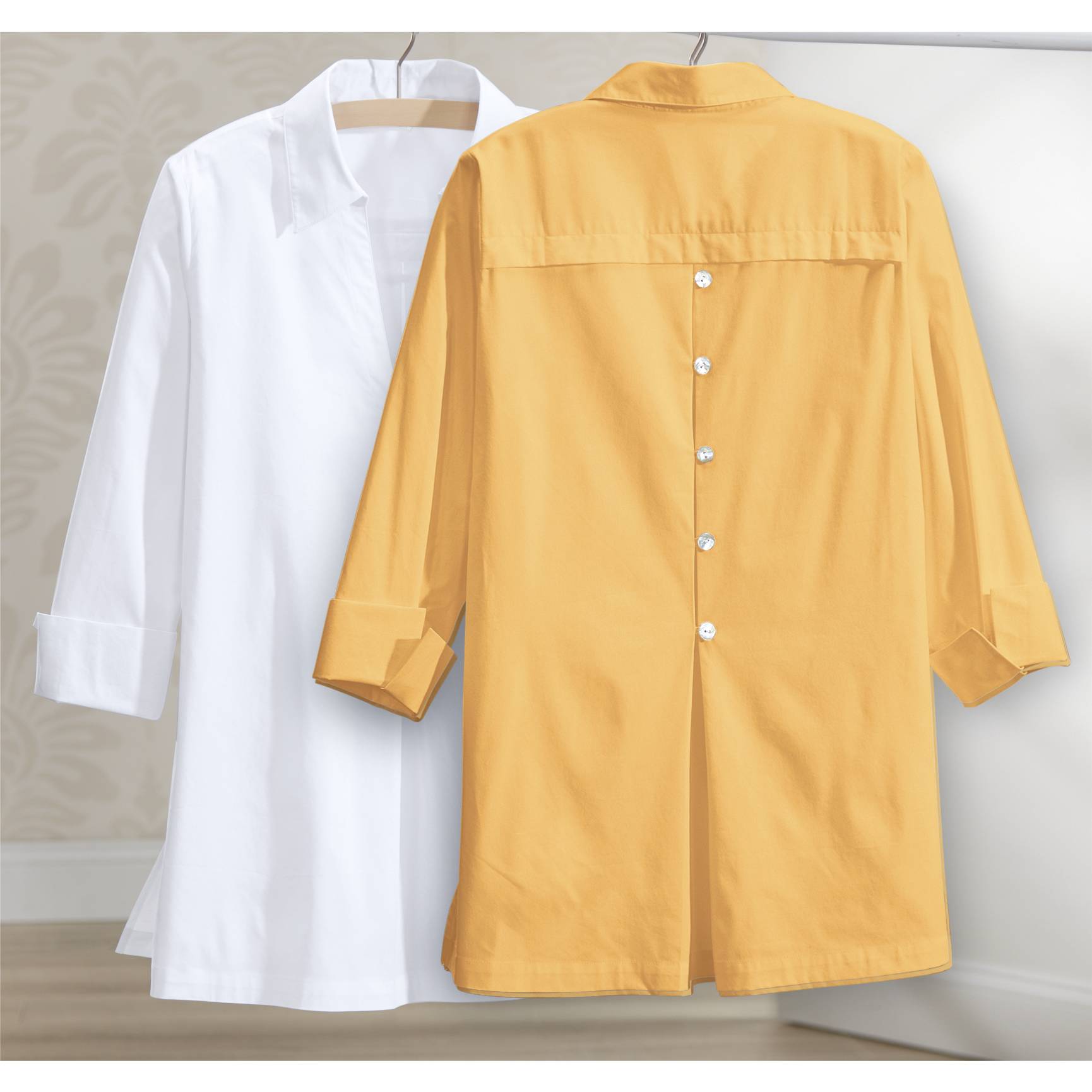 Button Back Popover Tunic, Collared V-Neck, Front Pleat, 3/4 Sleeves - Northstyle Catalog